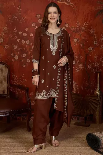 Brown silk blend embroidered Farsi kurta set with dupatta.
