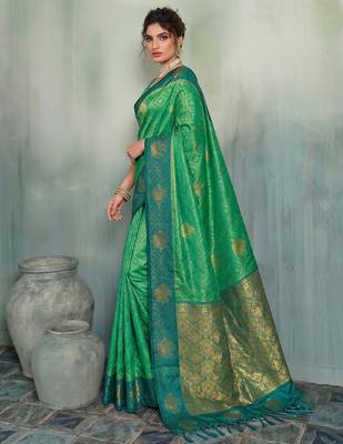 green woven designer ethnic silk blend saree for traditional looks 3