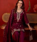 Wine silk blend embroidered Farsi kurta set with dupatta.