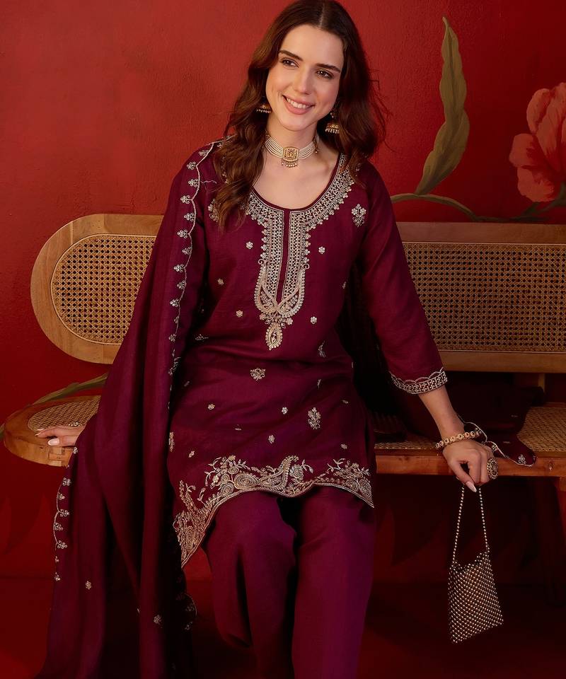 Wine silk blend embroidered Farsi kurta set with dupatta.