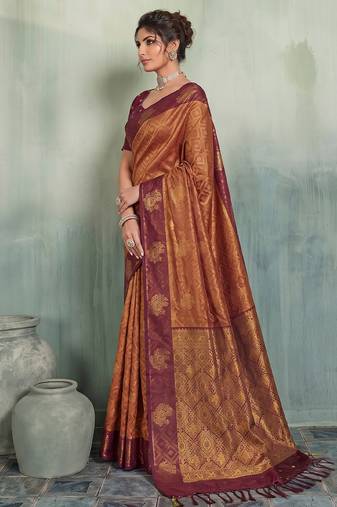 rust woven designer ethnic silk blend saree for traditional looks