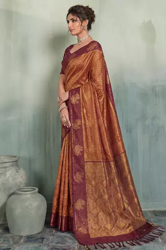 rust woven designer ethnic silk blend saree for traditional looks