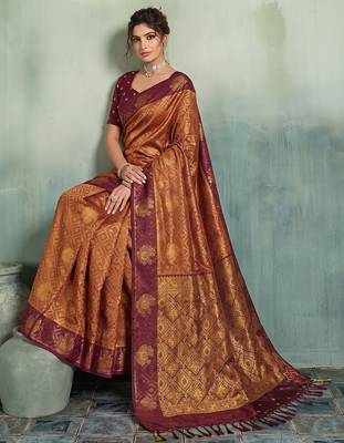 rust woven designer ethnic silk blend saree for traditional looks 3