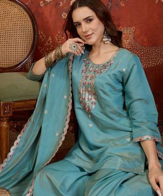Sky blue shimmer cotton embroidered kurta sharara set with dupatta. 1