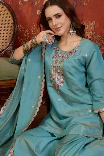 Sky blue shimmer cotton embroidered kurta sharara set with dupatta.