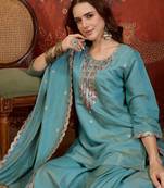 Sky blue shimmer cotton embroidered kurta sharara set with dupatta.