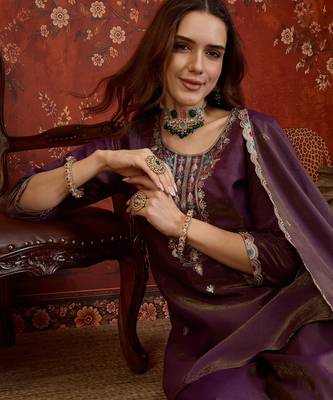Wine shimmer cotton embroidered kurta sharara set with dupatta. 2