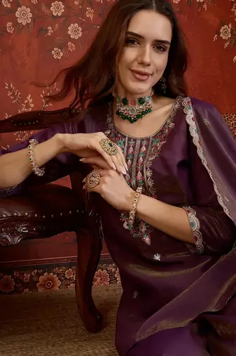 Wine shimmer cotton embroidered kurta sharara set with dupatta.