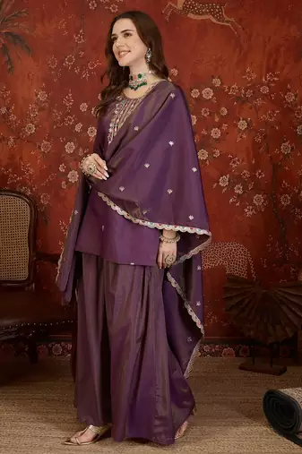 Wine shimmer cotton embroidered kurta sharara set with dupatta.