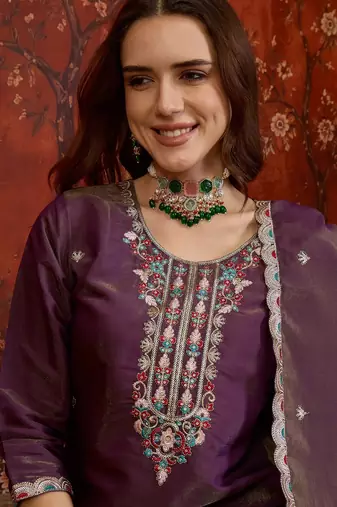 Wine shimmer cotton embroidered kurta sharara set with dupatta.