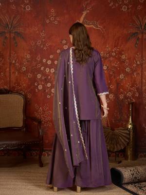 Wine shimmer cotton embroidered kurta sharara set with dupatta. 5