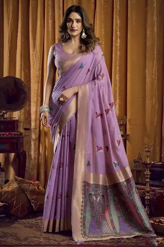 purple woven katha designer khadi cotton blend fabric graceful festive special saree