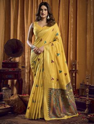 yellow woven katha designer khadi cotton blend fabric graceful festive special saree 1