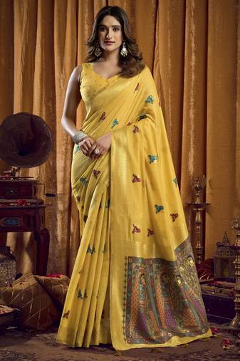yellow woven katha designer khadi cotton blend fabric graceful festive special saree