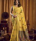 yellow woven katha designer khadi cotton blend fabric graceful festive special saree