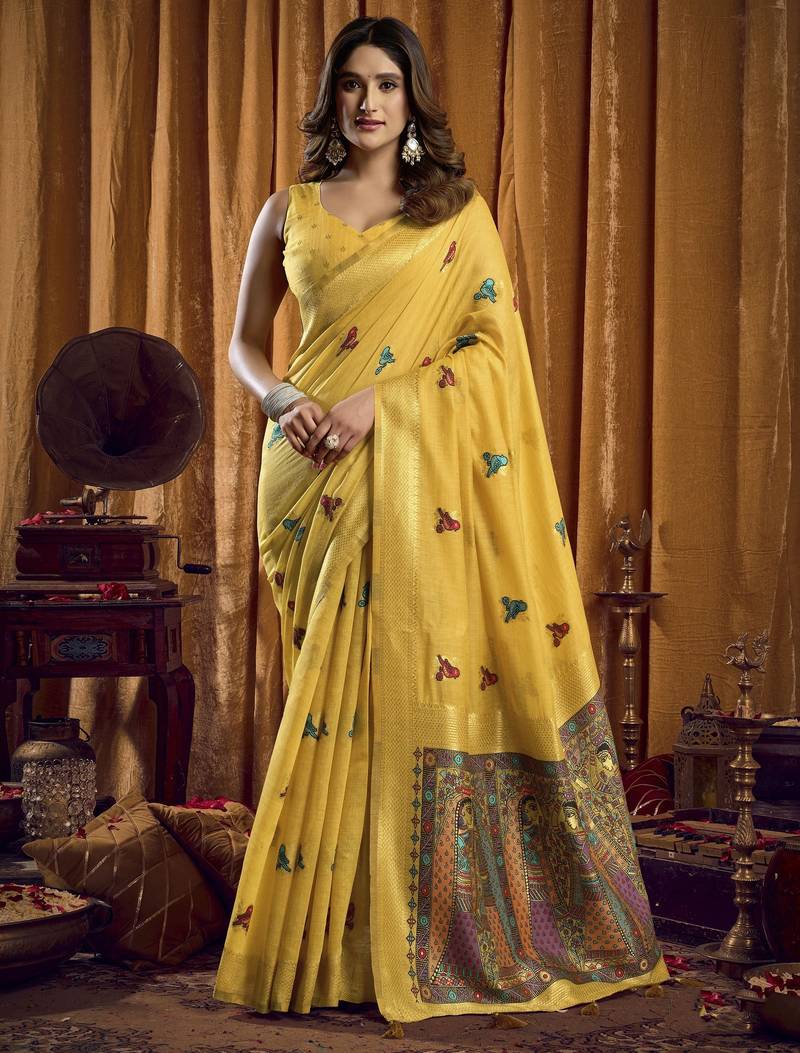 yellow woven katha designer khadi cotton blend fabric graceful festive special saree