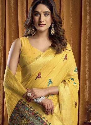 yellow woven katha designer khadi cotton blend fabric graceful festive special saree 2