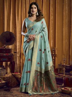 blue woven katha designer khadi cotton blend fabric graceful festive special saree 1