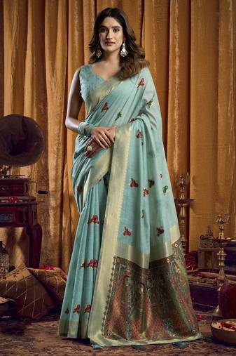 blue woven katha designer khadi cotton blend fabric graceful festive special saree