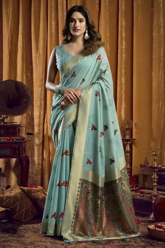 blue woven katha designer khadi cotton blend fabric graceful festive special saree