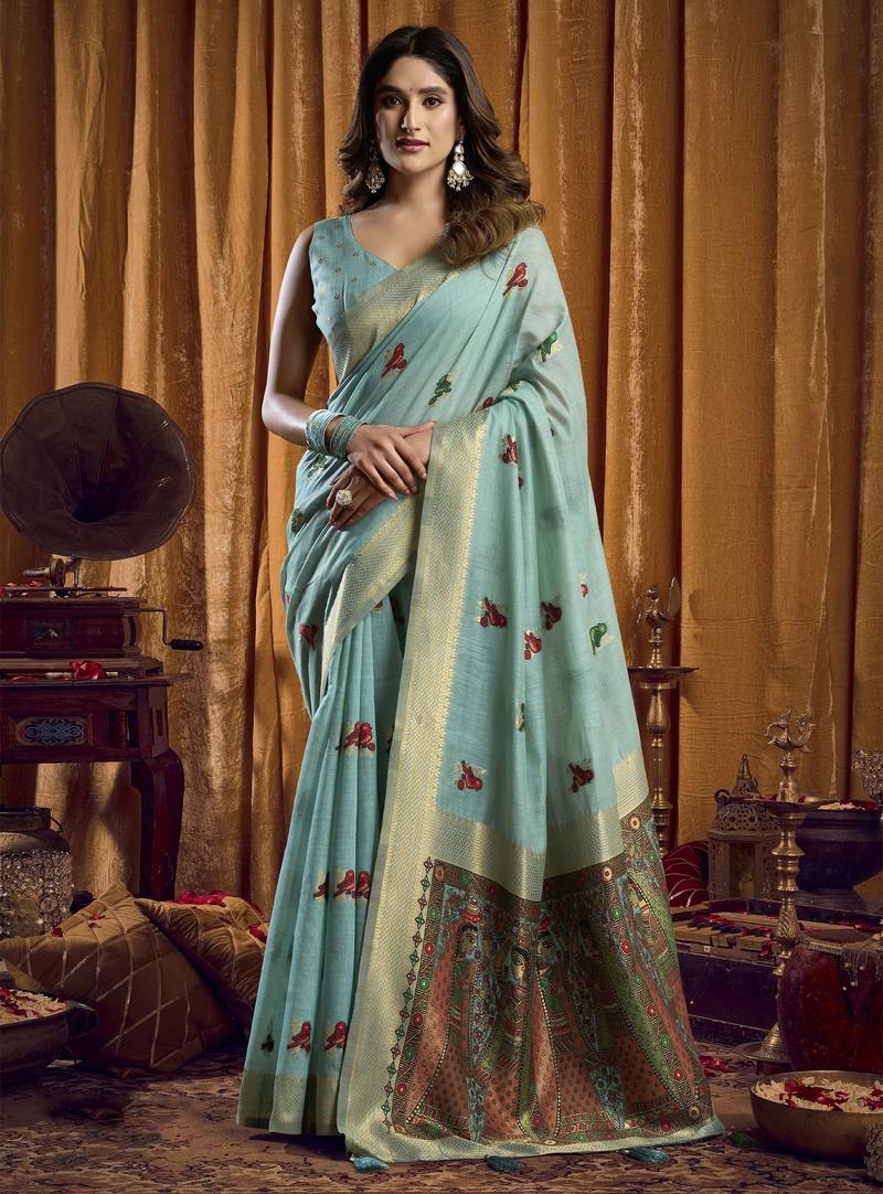blue woven katha designer khadi cotton blend fabric graceful festive special saree