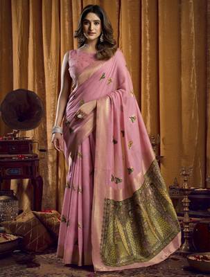 pink woven katha designer khadi cotton blend fabric graceful festive special saree 1