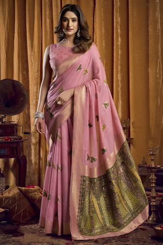 pink woven katha designer khadi cotton blend fabric graceful festive special saree