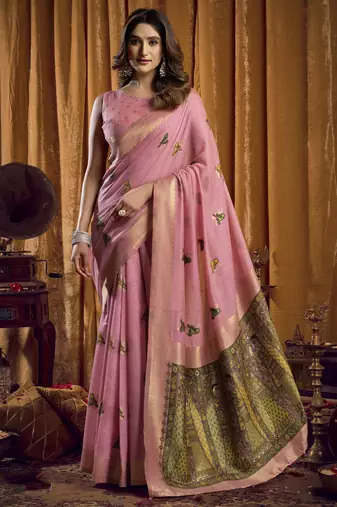 pink woven katha designer khadi cotton blend fabric graceful festive special saree