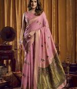 pink woven katha designer khadi cotton blend fabric graceful festive special saree