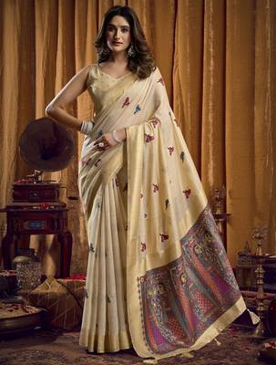 cream woven katha designer khadi cotton blend fabric graceful festive special saree 1