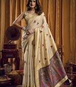 cream woven katha designer khadi cotton blend fabric graceful festive special saree