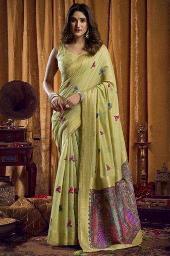 green woven katha designer khadi cotton blend fabric graceful festive special saree