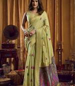 green woven katha designer khadi cotton blend fabric graceful festive special saree
