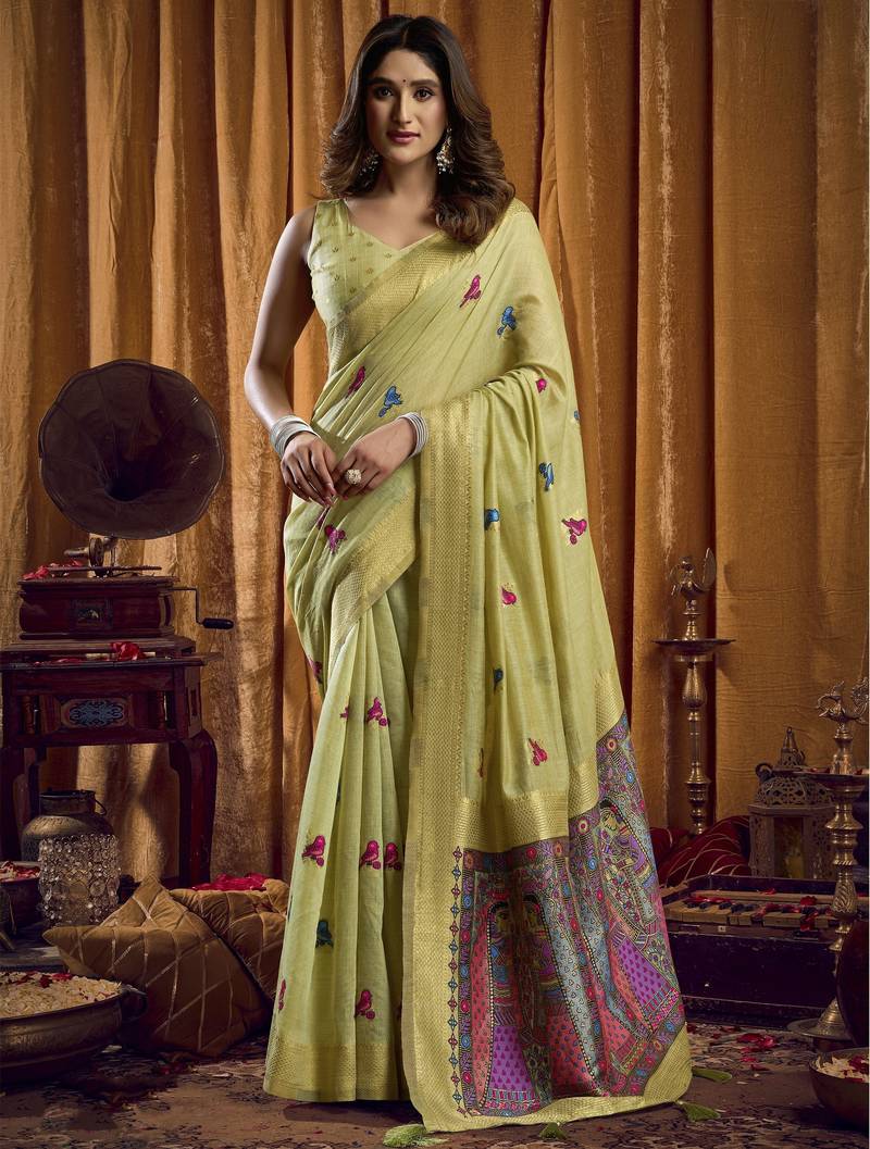 green woven katha designer khadi cotton blend fabric graceful festive special saree