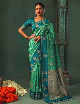 teal silk blend fabric woven designer ethnic partywear saree 1