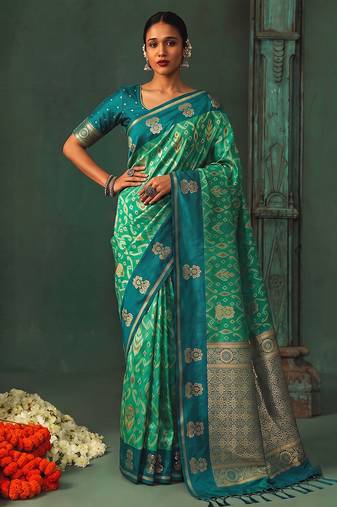 teal silk blend fabric woven designer ethnic partywear saree