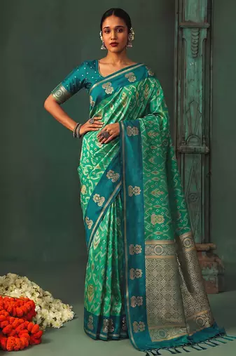 teal silk blend fabric woven designer ethnic partywear saree