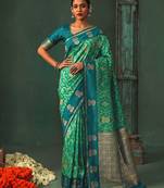 teal silk blend fabric woven designer ethnic partywear saree