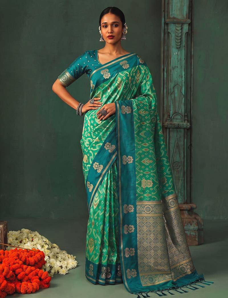 teal silk blend fabric woven designer ethnic partywear saree