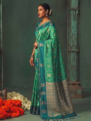 teal silk blend fabric woven designer ethnic partywear saree 3