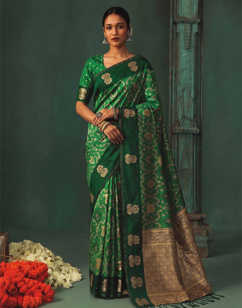 green silk blend fabric woven designer ethnic partywear saree