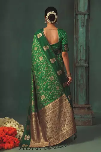green silk blend fabric woven designer ethnic partywear saree
