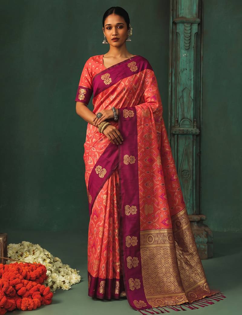 gajri silk blend fabric woven designer ethnic partywear saree