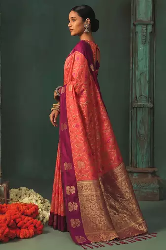 gajri silk blend fabric woven designer ethnic partywear saree