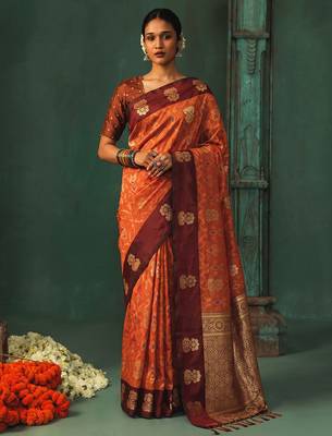 orange silk blend fabric woven designer ethnic partywear saree 1