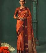 orange silk blend fabric woven designer ethnic partywear saree