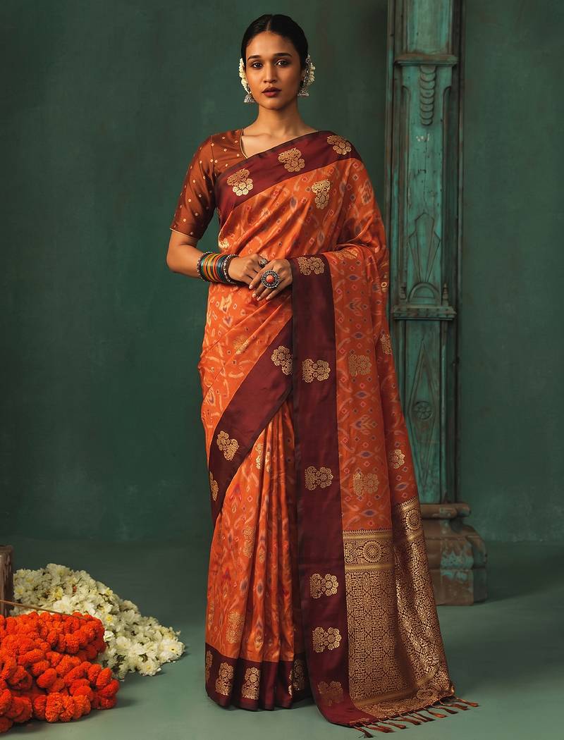 orange silk blend fabric woven designer ethnic partywear saree