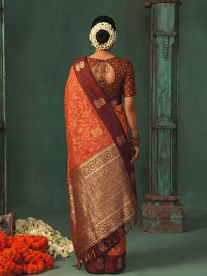 orange silk blend fabric woven designer ethnic partywear saree 2