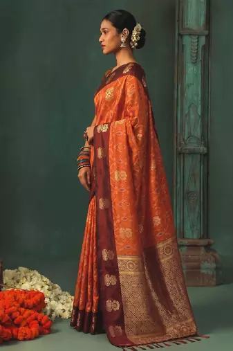 orange silk blend fabric woven designer ethnic partywear saree