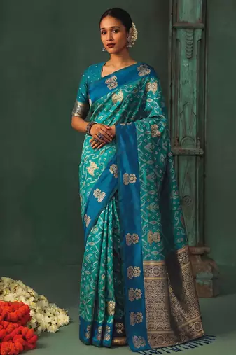 sky blue silk blend fabric woven designer ethnic partywear saree